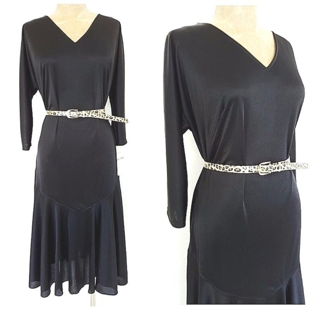 Vintage 80s Sheer Black Flare Hem Dress Medium Modest